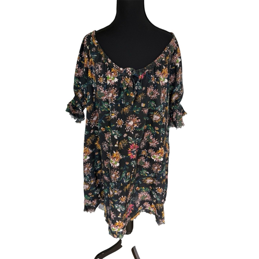 Natural Life Boho Midi Dress Dark Floral Cottagecore Dress M Raw Hem Cotton